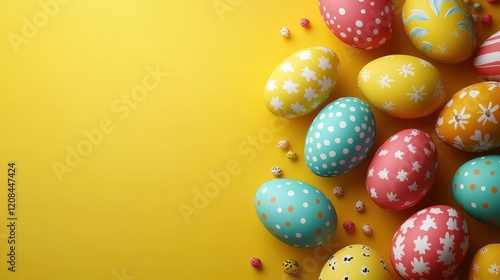 Colorful easter eggs arrangement on bright yellow background for holiday designs