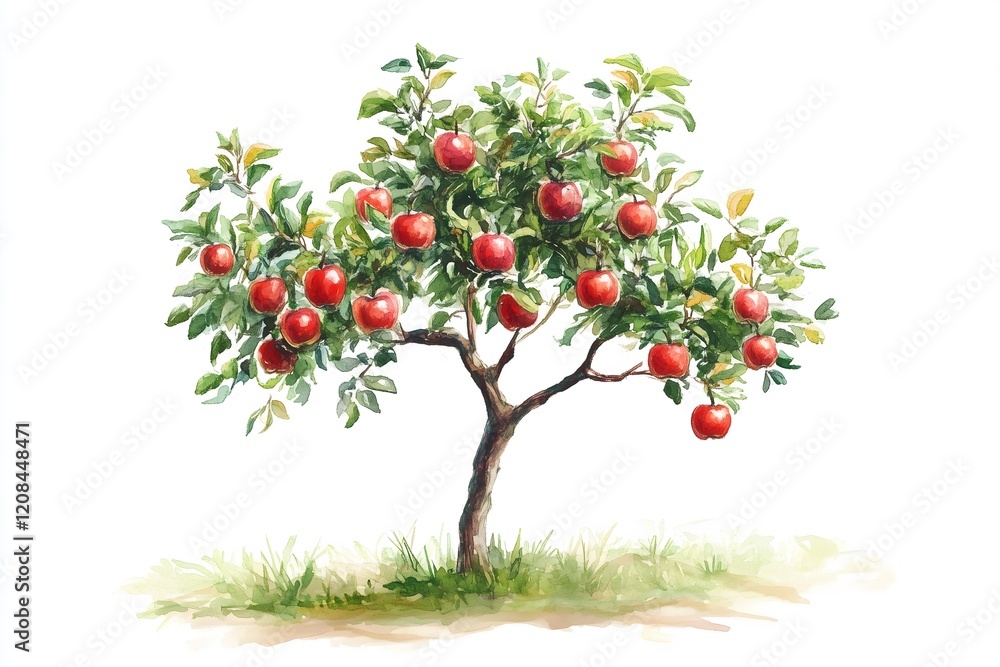 A watercolor painting of an apple tree centered on a white background A watercolor painting of an apple tree centered on a white background