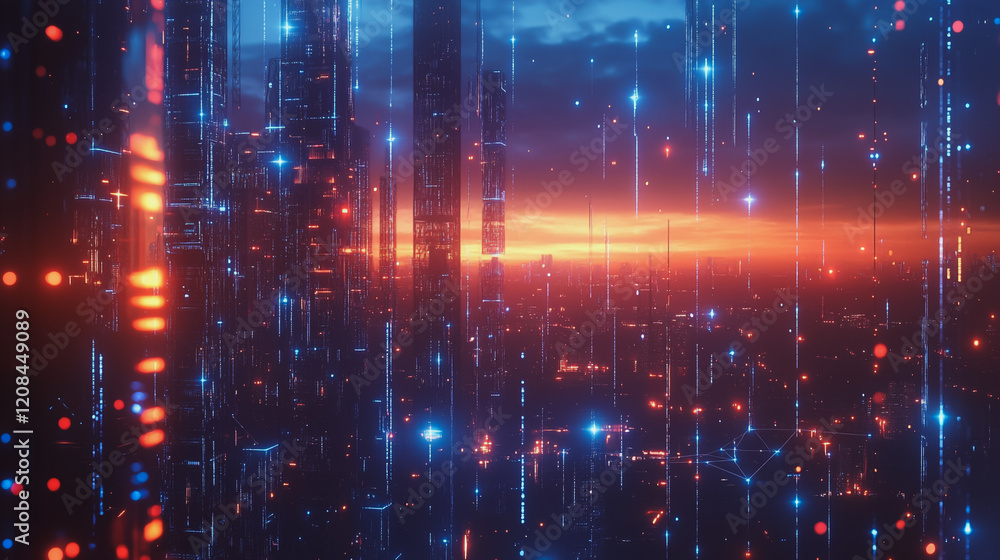 Obraz premium Smart digital Innovation city with connection network reciprocity over the cityscape. of future smart wireless digital city and social media networking systems that connects people with in city