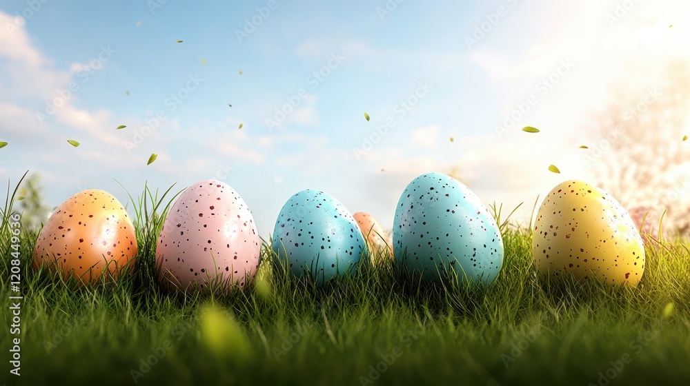 Vibrant easter eggs in springtime grass field for festive decoration Vibrant easter eggs in springtime grass field for festive decoration