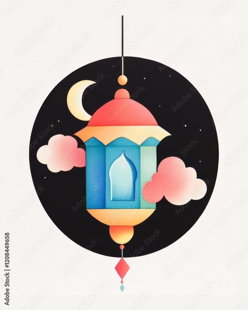 Obraz premium A colorful illustration of a hanging Ramadan lantern against a night sky.
