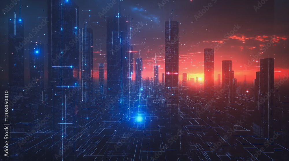 Obraz premium Smart digital Innovation city with connection network reciprocity over the cityscape. of future smart wireless digital city and social media networking systems that connects people with in city