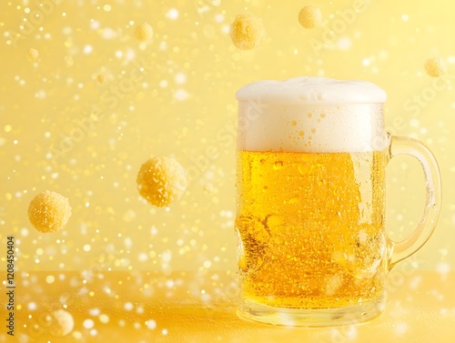 A beer on a yellow background. International Beer Day banner and concept photo