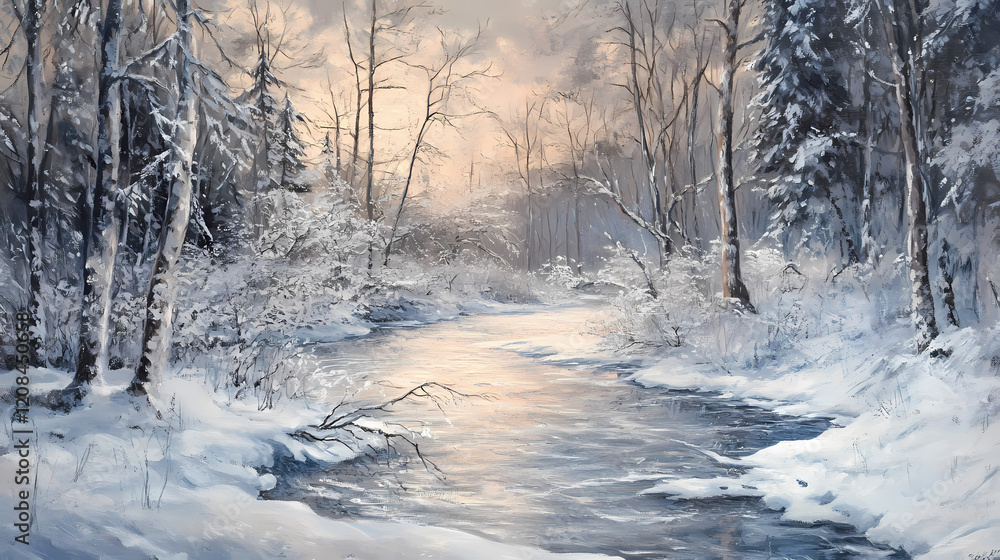 A frozen forest with snow-covered trees and a frozen stream , stillness, landscape, frozen. Frozen Forest. Illustration A frozen forest with snow-covered trees and a frozen stream , stillness, landscape, frozen. Frozen Forest. Illustration