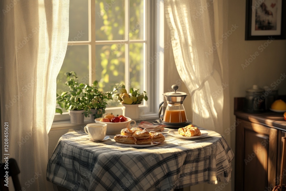 Sunlit Morning Breakfast: Cozy Table Setting with Pastries and Coffee Sunlit Morning Breakfast: Cozy Table Setting with Pastries and Coffee