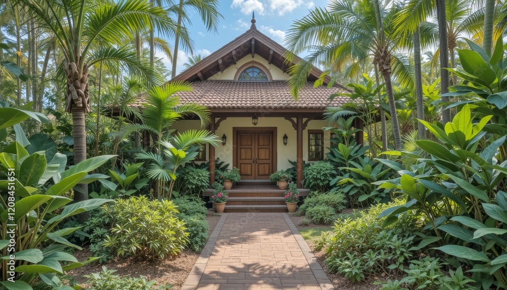 Fototapeta premium Traditional wooden house surrounded by lush tropical greenery