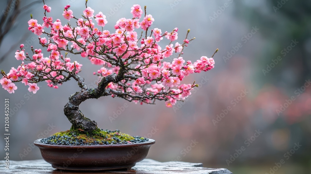 Pink flowering bonsai tree in a brown pot on a wooden surface. Pink flowering bonsai tree in a brown pot on a wooden surface.