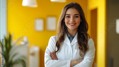 A cheerful female pharmacist stands confidently with her arms crossed, set against a neutral background.