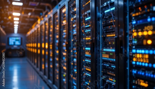 Modern data center with rows of illuminated servers