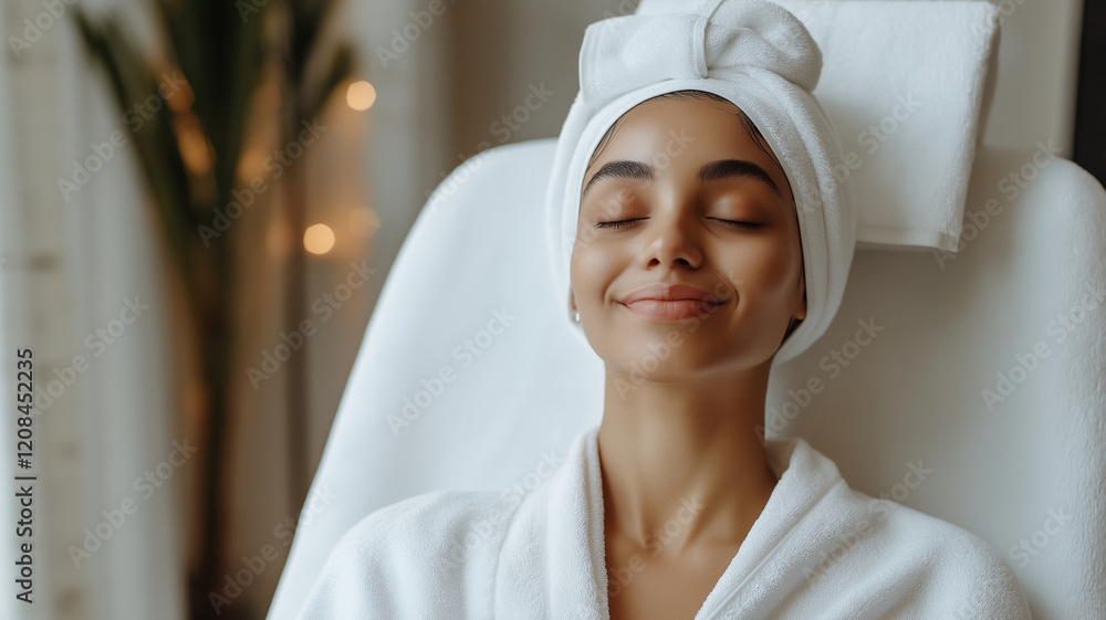 A woman is sitting in a chair with a towel wrapped around her head A woman is sitting in a chair with a towel wrapped around her head