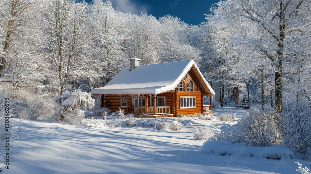 Cozy wooden cabin in snowy winter forest with sunlit trees Cozy wooden cabin in snowy winter forest with sunlit trees