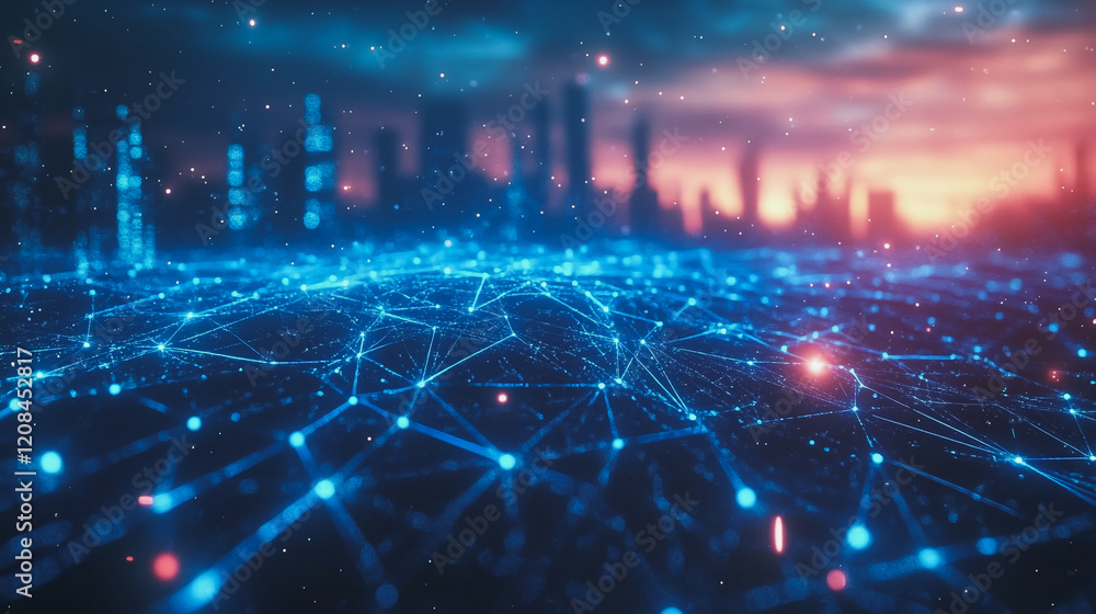 Fototapeta premium Smart digital Innovation city with connection network reciprocity over the cityscape. of future smart wireless digital city and social media networking systems that connects people with in city