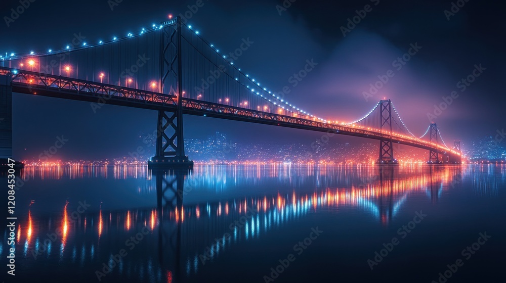 Fototapeta premium Illuminated bridge at night with a stunning reflection on the water under a foggy sky