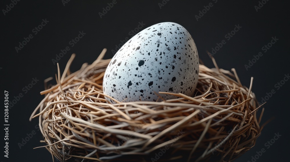Easter nest with speckled egg on dark background - holiday design for cards and posters Easter nest with speckled egg on dark background - holiday design for cards and posters