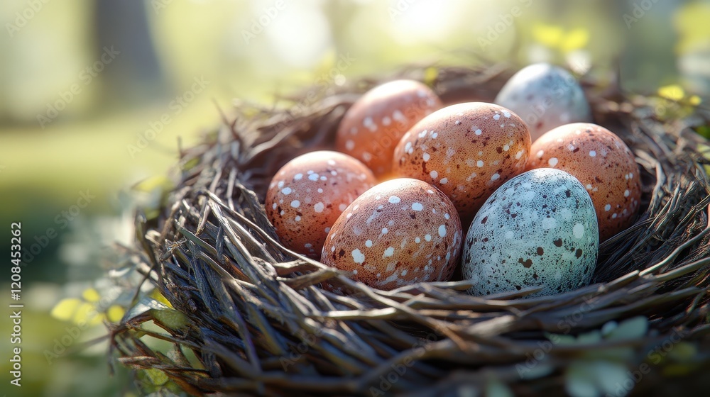 Beautiful colored easter eggs in a natural nest for spring decoration Beautiful colored easter eggs in a natural nest for spring decoration
