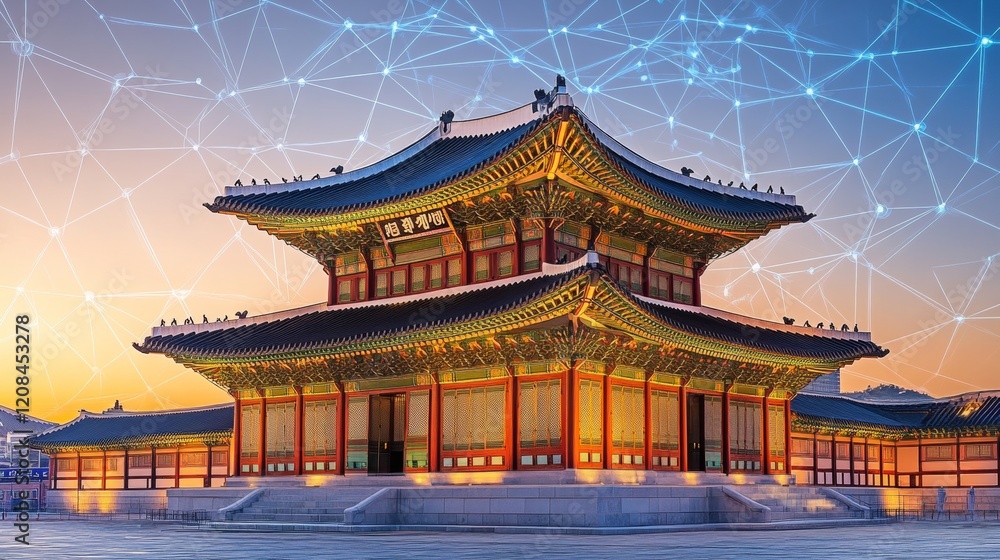 Traditional Korean Architecture Gyeongbokgung Palace with Network Skyline at Sunset, Seoul Traditional Korean Architecture Gyeongbokgung Palace with Network Skyline at Sunset, Seoul