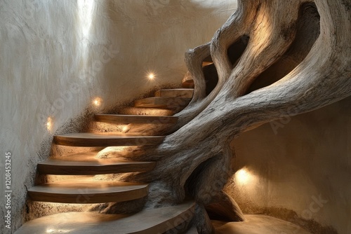 Wooden spiral staircase, earthen walls, soft lighting, interior design photo