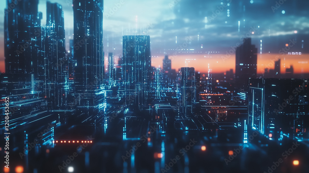 Obraz premium Smart digital Innovation city with connection network reciprocity over the cityscape. of future smart wireless digital city and social media networking systems that connects people with in city