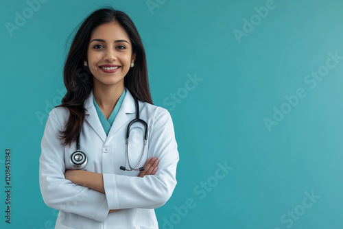 A woman in a white lab coat is smiling and posing for a picture