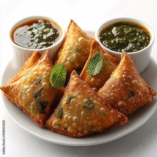 Crispy Golden Samosas Served with Mint and Tamarind Chutney photo