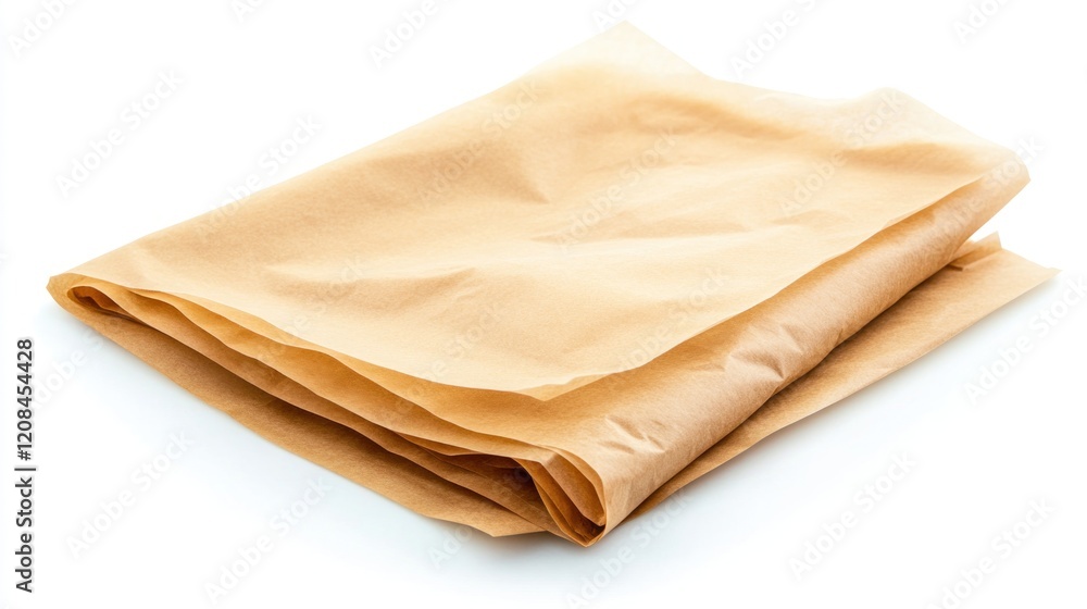 Folded brown paper sheet, white background, studio shot, baking Folded brown paper sheet, white background, studio shot, baking