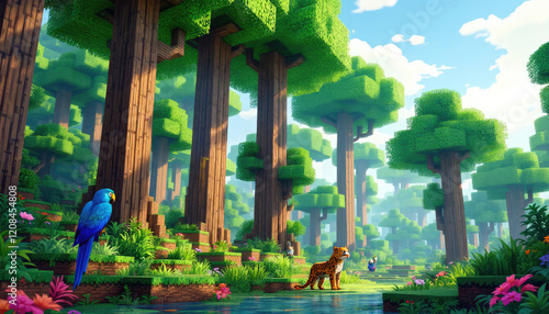 A pixel art representation of a forest scene, featuring a blue bird, a tiger, and a parrot. Pixel art background, pixel art wallpaper