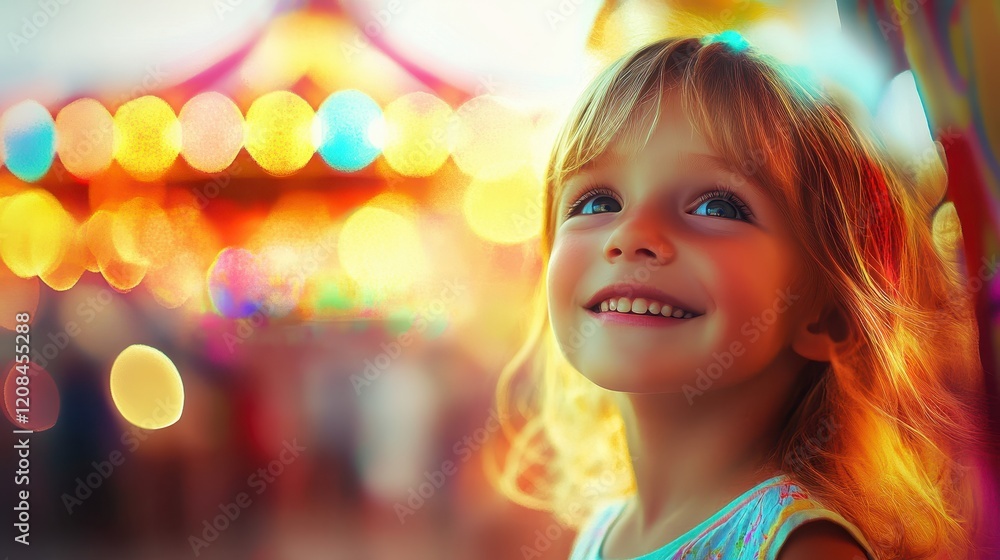 Joyful young girl at colorful carnival with blurred lights Joyful young girl at colorful carnival with blurred lights