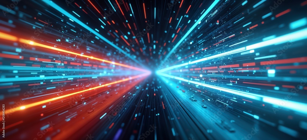 Fototapeta premium Futuristic digital space displays high speed data flow. Abstract tech pattern shows fast communication. Colorful lines, code create virtual room cyber space. Motion blur effects highlight speed,