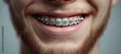 smiling male braces on teeth. orthodontic treatment.