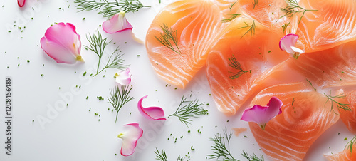 salmon steak with spices on a white wooden table.