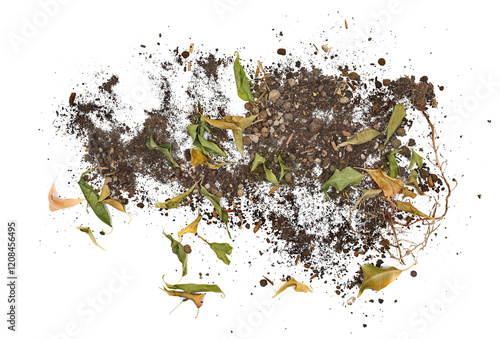 Bilde på lerret Dirt, soil pile with dry autumn leaves isolated on white background, top view