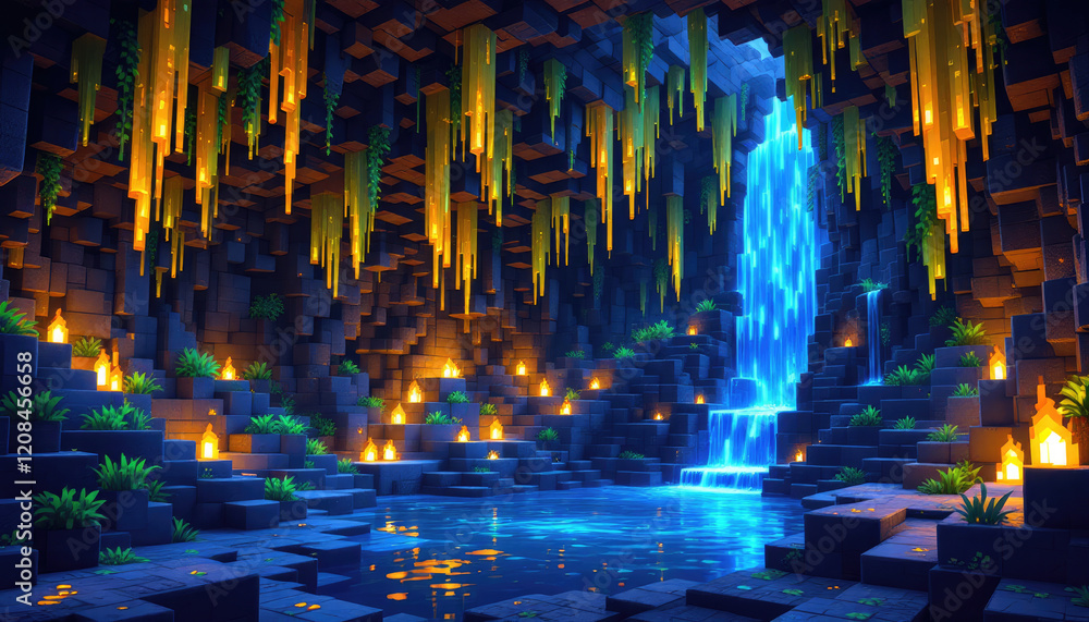 A digital illustration of a cave with a waterfall, featuring pixel art style elements. Pixel art background, pixel art wallpaper A digital illustration of a cave with a waterfall, featuring pixel art style elements. Pixel art background, pixel art wallpaper