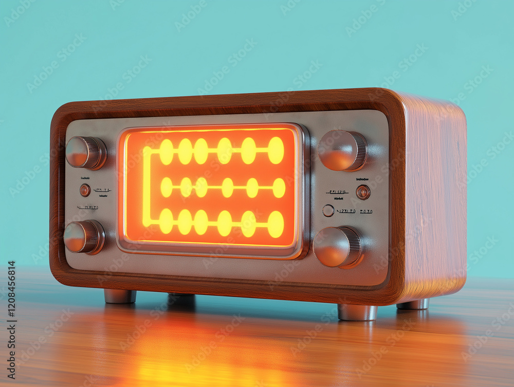 Obraz premium Ein nostalgisches Holzradio mit orangefarbenem Gitter auf einem Tisch