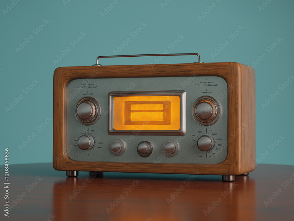Fototapeta premium Ein nostalgisches Holzradio mit orangefarbenem Gitter auf einem Tisch