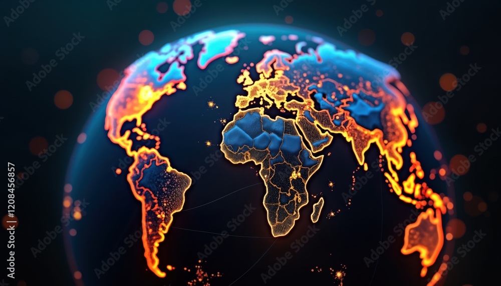 Digital globe of Earth. Global map with glowing lines and dots. Futuristic tech design. World map showing connections. Network illustration. International communication. Modern technology concept. Digital globe of Earth. Global map with glowing lines and dots. Futuristic tech design. World map showing connections. Network illustration. International communication. Modern technology concept.