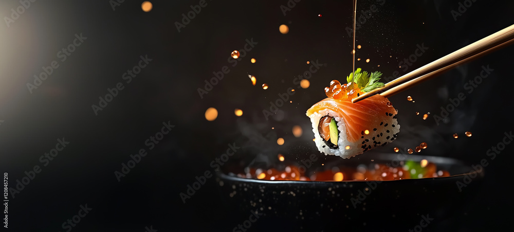 Naklejka premium japanese sushi roll with sticks, chopsticks, soy sauce and chopsticks on a black background. japanese sushi.