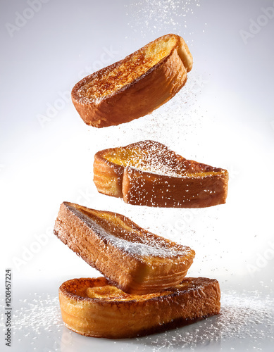 Various torrijas with sugar falling on them on white background
