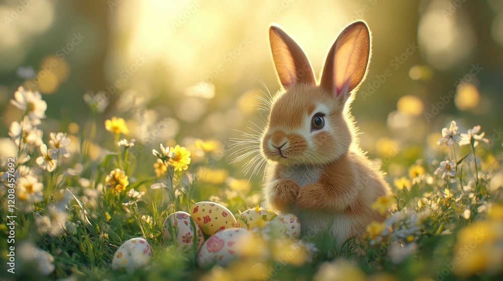 Adorable bunny with easter eggs in a flowery meadow for springtime celebration Adorable bunny with easter eggs in a flowery meadow for springtime celebration
