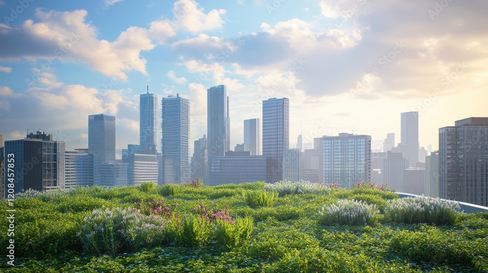 Rooftop garden with lush vegetation overlooking urban skyline at sunset Rooftop garden with lush vegetation overlooking urban skyline at sunset