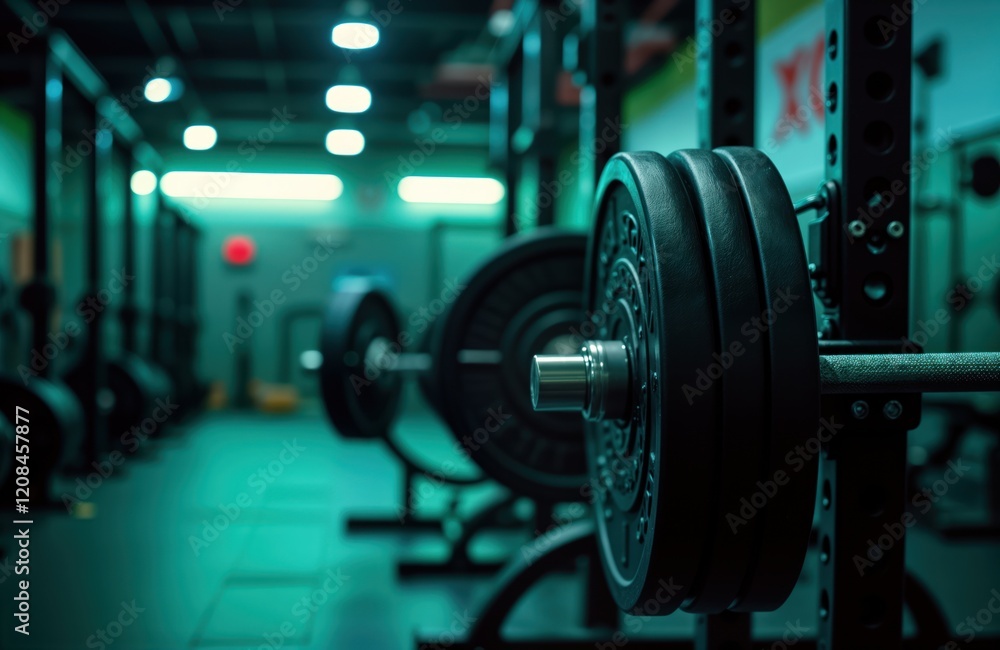 Obraz premium Barbell loaded with weight plates rests on squat rack in dimly lit gym. Strength training equipment ready for workout session. Dark teal gym setting. Focus on fitness, strength training. Muscles,