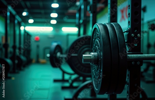 Barbell loaded with weight plates rests on squat rack in dimly lit gym. Strength training equipment ready for workout session. Dark teal gym setting. Focus on fitness, strength training. Muscles, photo