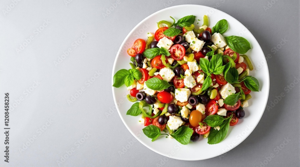 Salad with fresh vegetables, olives and cheese on the gray background Salad with fresh vegetables, olives and cheese on the gray background
