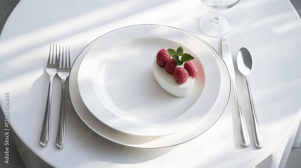 Elegant dining setting with plate and silverware on white table. Elegant dining setting with plate and silverware on white table.