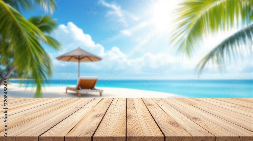Wooden table top and ocean background 