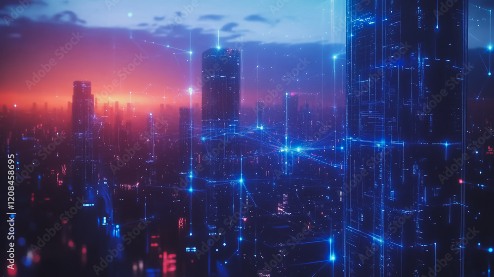 Fototapeta premium Smart digital Innovation city with connection network reciprocity over the cityscape. of future smart wireless digital city and social media networking systems that connects people with in city