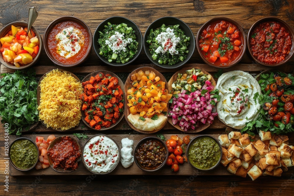 Assorted Mediterranean Dishes Arranged On Wooden Board Assorted Mediterranean Dishes Arranged On Wooden Board