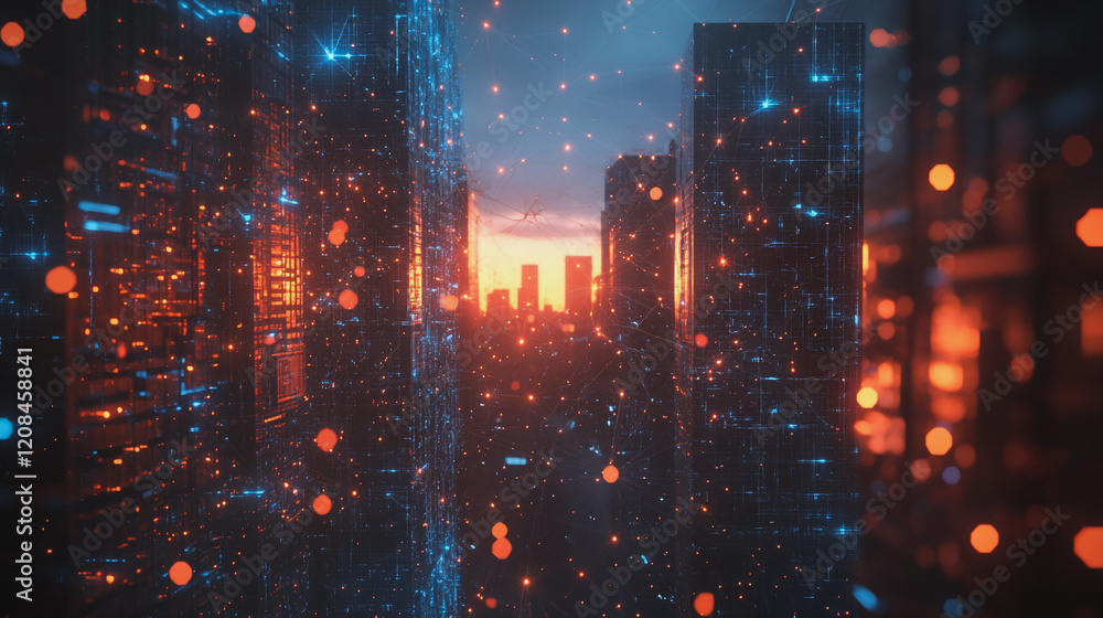 Fototapeta premium Smart digital Innovation city with connection network reciprocity over the cityscape. of future smart wireless digital city and social media networking systems that connects people with in city