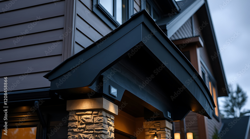 Fototapeta premium Modern Home Exterior: Night View of a Stylish House Entrance with Stone Pillars and Dark Roof