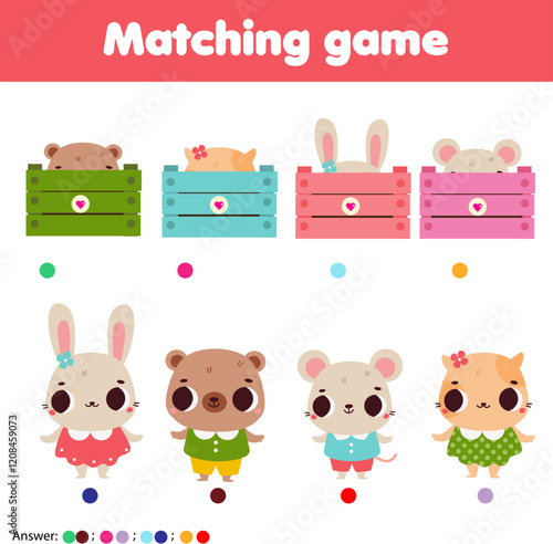 Educational game for children, kids activity. Match cute animals with boxes