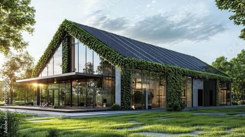 Wallpaper Mural Modern eco-friendly house with solar panels and green facade in a sunny landscape Torontodigital.ca